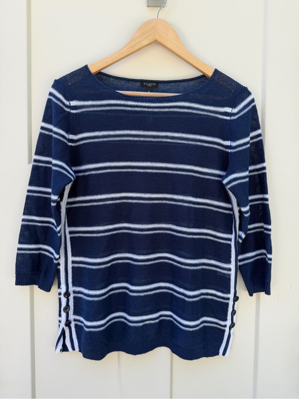 Talbots 100% Linen Navy and White Striped 3/4 sleeve Sweater size SP Wide Neck